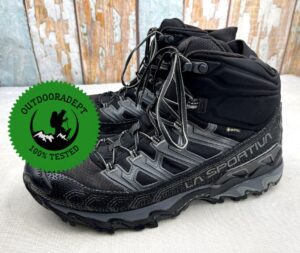 closeup of LA SPORTIVA Ultra Raptor II Mid GTX, our nr.1 pick as the best vegan hiking boots