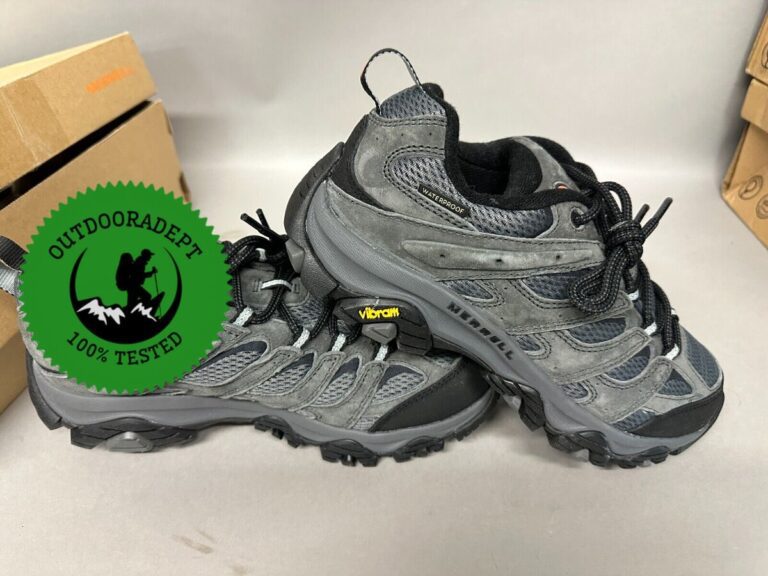 a pair of merrell moab 3 waterproof hiking shoes in front of their original box, ready for pictures and review
