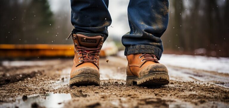 person wearing steel toe boots on a hiking trail