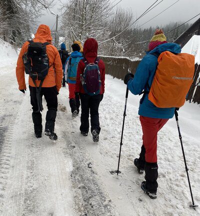 2026 Ultralight Gear Trends: The End of "Stupid Light"? A group of hikers seen from behind walks up a snow-covered road in winter, all wearing insulated jackets, hats, and backpacks, using trekking poles.