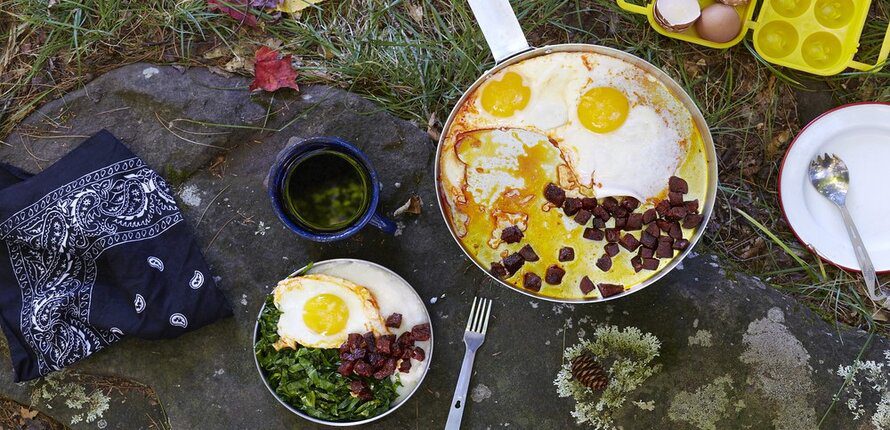 egg, handkerchief, cooking pot with food on the floor