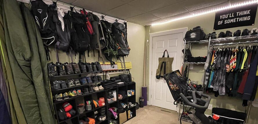 room full of camping accessories