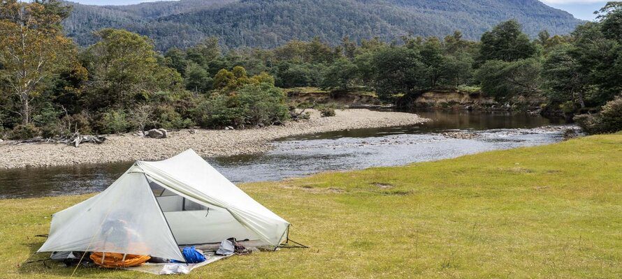 tent with mountain background