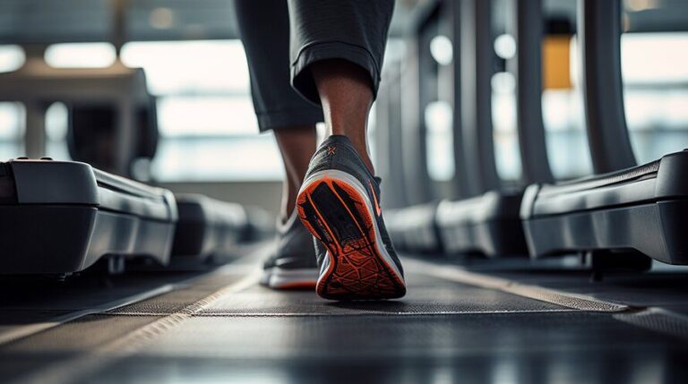 closeup of a person using trail running shoes on treadmill in a gym