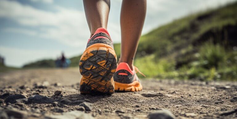 closeup of a woman wearing trail running shoes on road