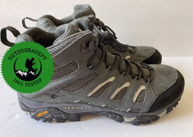 a closeup of merrell moab 3 mid waterproof hiking boots for review