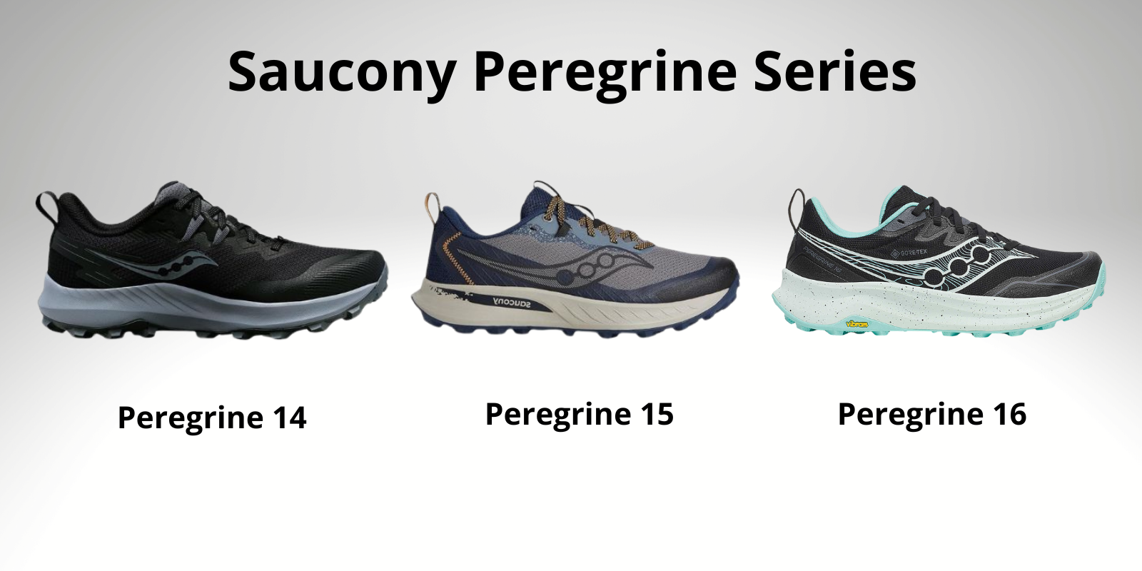Honest Saucony Peregrine 15 Review (2026 Update) Saucony Peregrine Evolution with the model 14, 15, and 16 from left to right.