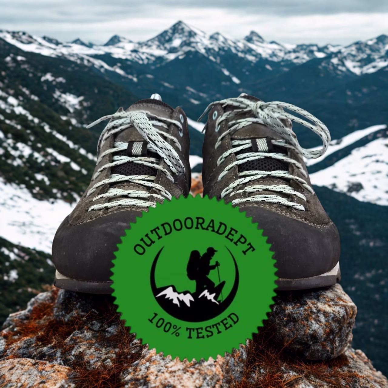 Scarpa Crux approach shoes on a rock in front of a mountain range, marked OutdoorAdept 100% Tested