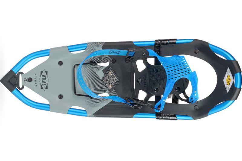 7 Best Snowshoes For Winter Hiking & Mountaineering A blue and gray Atlas snowshoe with adjustable straps and a sturdy metal frame. The design emphasizes functionality and durability for snow trekking.