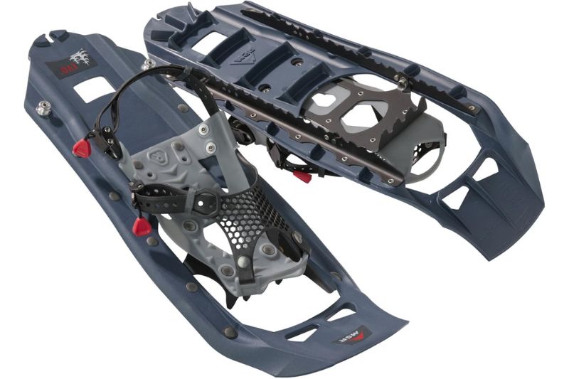 7 Best Snowshoes For Winter Hiking & Mountaineering A pair of blue snowshoes with durable frames and adjustable bindings. The design features metal grips for traction, evoking a rugged, outdoor tone.