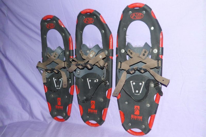 7 Best Snowshoes For Winter Hiking & Mountaineering Three black and red snowshoes with brown straps are displayed against a purple background. The design is rugged, evoking an adventurous tone.