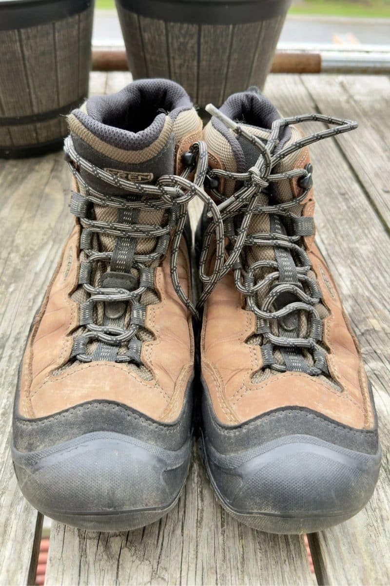 13 Best Hiking Boots for Women in 2026 (Trail-Tested) the front of a pair of KEEN Targhee IV Mid