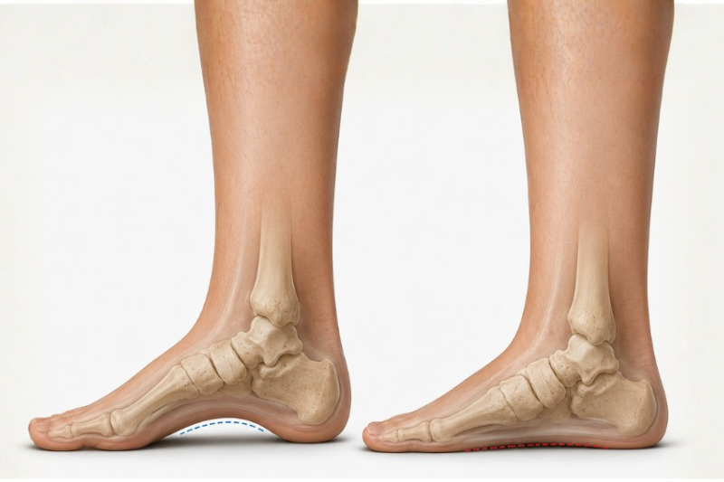 Hiking With Flat Feet: Expert Guide to Stronger Arches on the Trail exaggerated example of a normal foot and a flat foot
