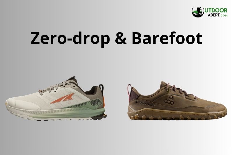 Hiking With Flat Feet: Expert Guide to Stronger Arches on the Trail Examples of a zero-drop shoe and a barefoot shoe. On the left it is the Altra Lone Peak 9+, which is a zero-drop shoe. On the right is the Vivobarefoot Tracker Leather AT Low II, which is a barefoot shoe.