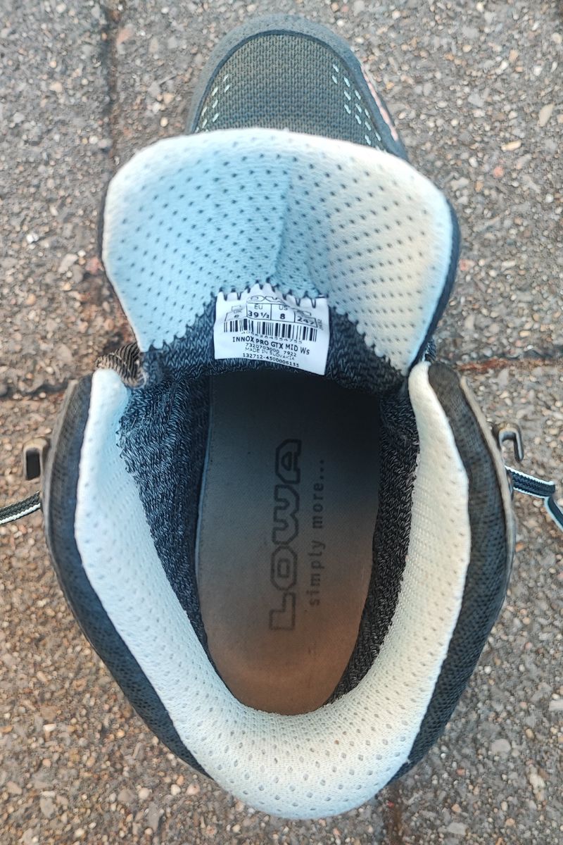 Lowa Innox Pro GTX Mid Review (2026 Test Results) top view of the Innox Pro. the insole and size tag are visible