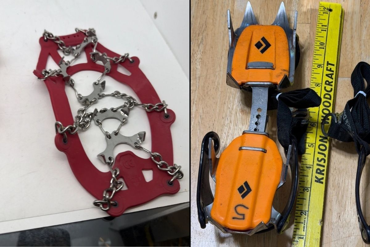 Hiking Terms: The Complete Trail & Gear Glossary. Microspikes on the left, a rubber harness carrying chains and short spikes; on the right a step-in crampon with long front points, photographed next to a ruler for scale