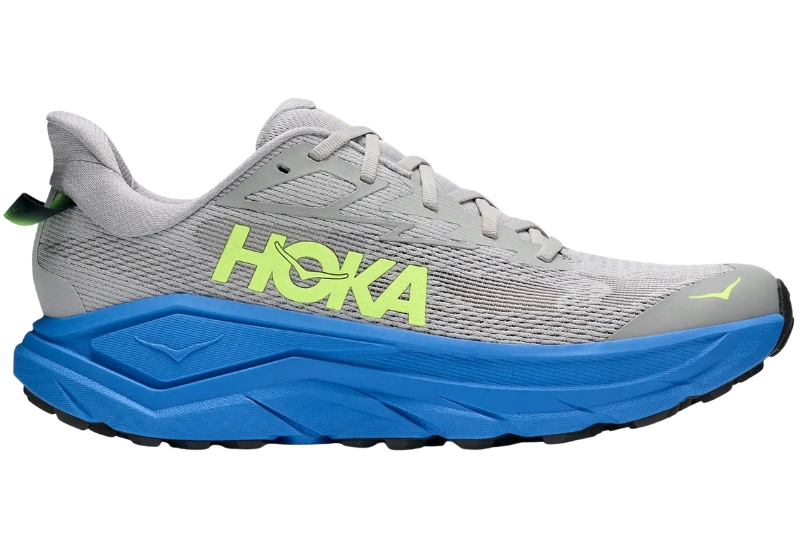 HOKA Challenger 8 trail running shoe in grey with a blue midsole, side view