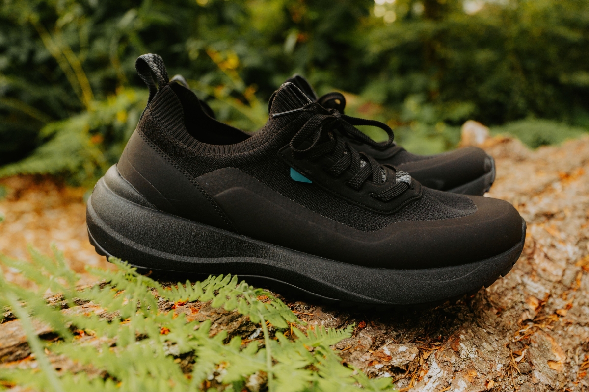 Black hiking shoes on a forest trail