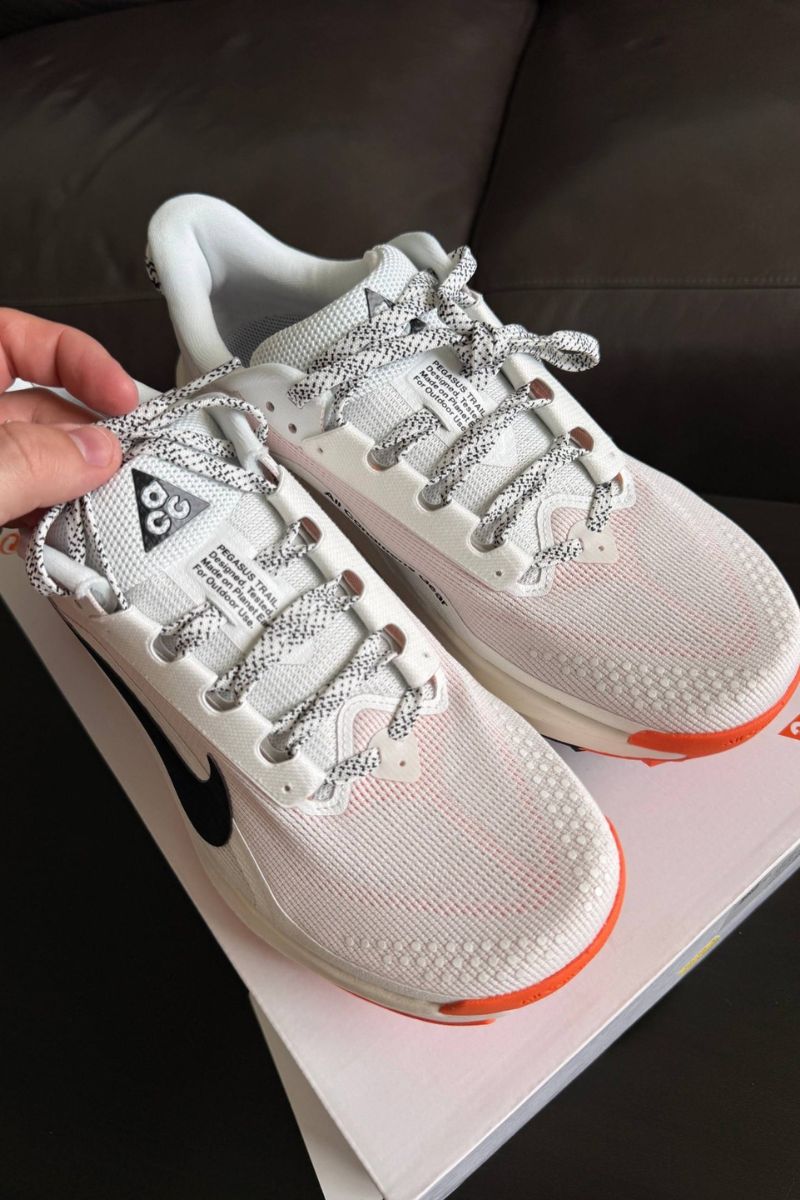 Nike ACG Pegasus Trail shoes viewed from above showing the wide toe box and lacing