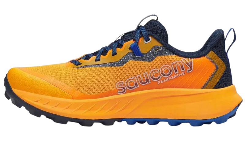 Saucony Peregrine 15 trail running shoe in orange with navy laces and collar, side view
