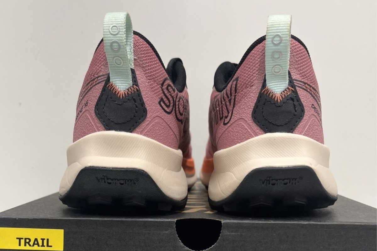 Rear view of Saucony Peregrine 16 trail running shoes showing the heel counter and Vibram outsole