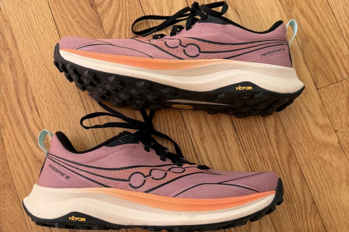Saucony Peregrine 16 trail running shoes showing the side profile and Vibram Megagrip outsole