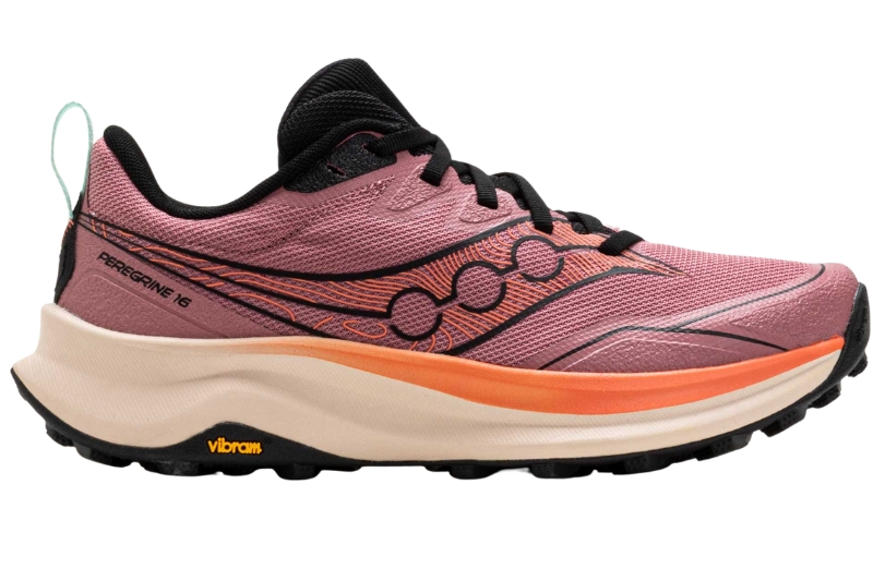 Saucony Peregrine 16 trail running shoe in pink with Vibram Megagrip outsole