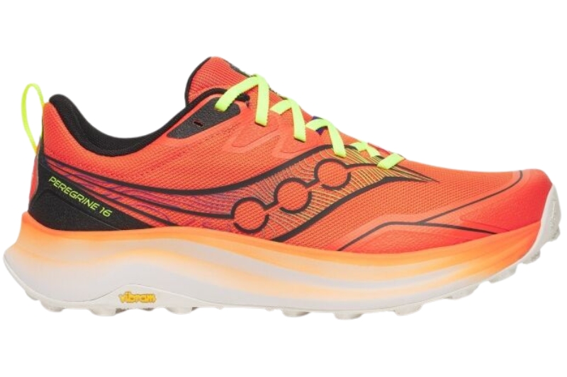 Saucony Peregrine 16 trail running shoe in orange with a Vibram Megagrip outsole, side view