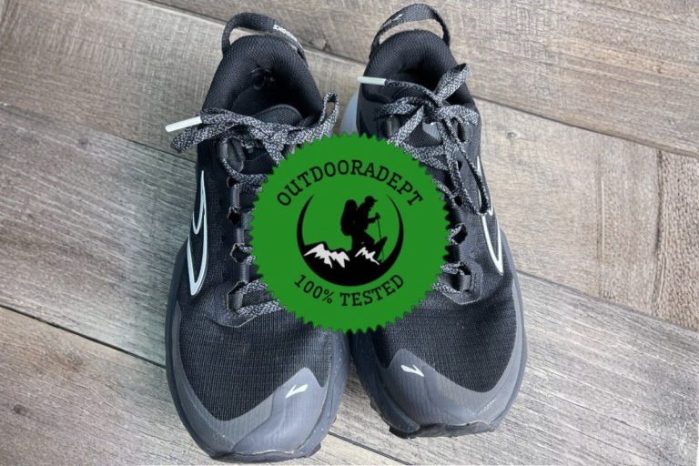 Brooks Caldera 8 Review: Good for Long Hikes? (2026) Brooks Caldera 8 women’s trail shoes from above with the OutdoorAdept 100% Tested badge