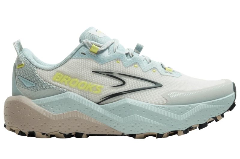 Brooks Caldera 8 trail shoe in white and pale blue with lime BROOKS lettering and a tan heel