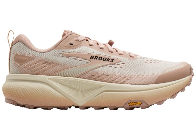 Brooks Cascadia 20 trail shoe in cream and blush pink with a Vibram outsole