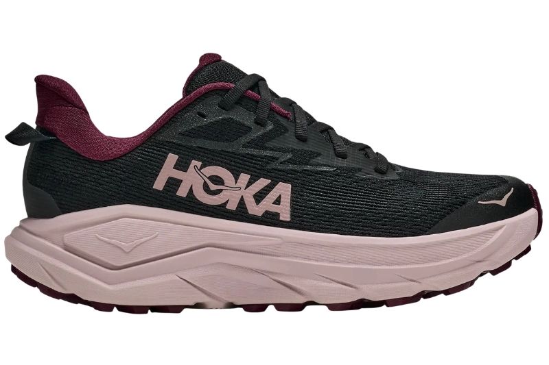 HOKA Challenger 8 trail shoe in black with pink HOKA lettering and a pale pink midsole