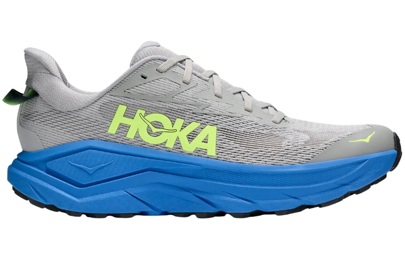 HOKA Challenger 8 road-to-trail running shoe in grey with a blue midsole, side view