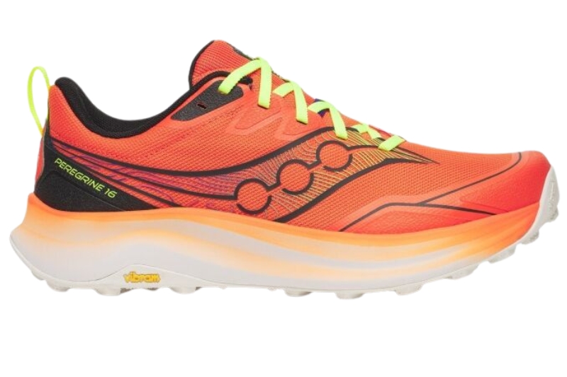 Saucony Peregrine 16 trail running shoe in orange with a Vibram outsole, side view