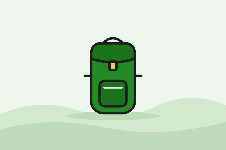 Flat illustration of a green hiking backpack with a front pocket