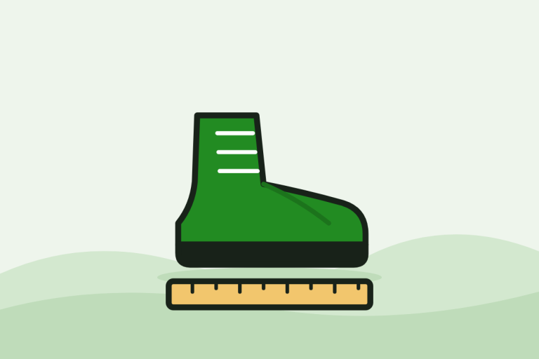 Flat illustration of a green hiking boot standing on a ruler