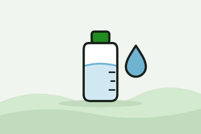 Flat illustration of a water bottle with level marks and a water drop