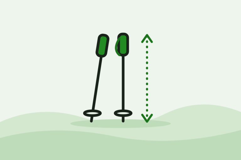 Flat illustration of two trekking poles next to an arrow showing pole length