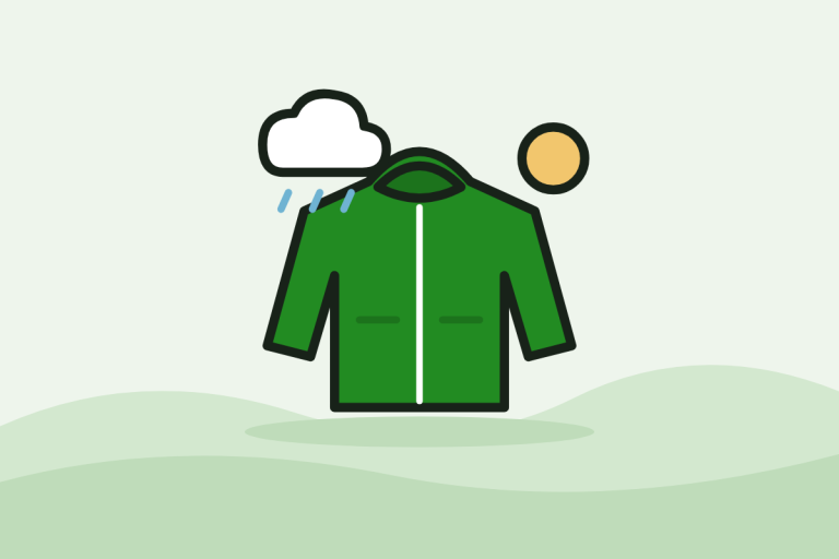 Flat illustration of a green rain jacket with a rain cloud and the sun beside it