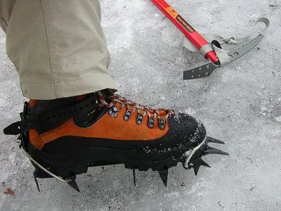 hiking claws mounted and ready for climbing mountain