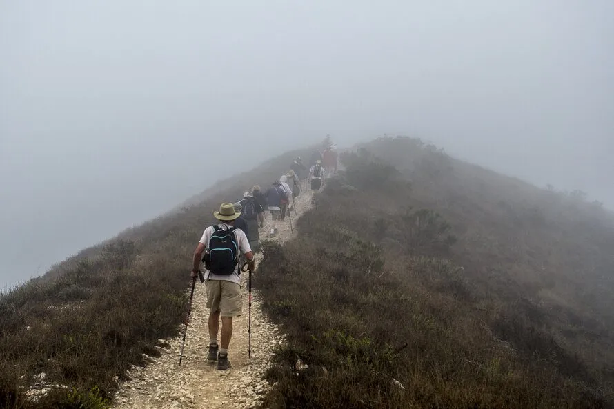 hiking in the fog using lightweight hiking boots