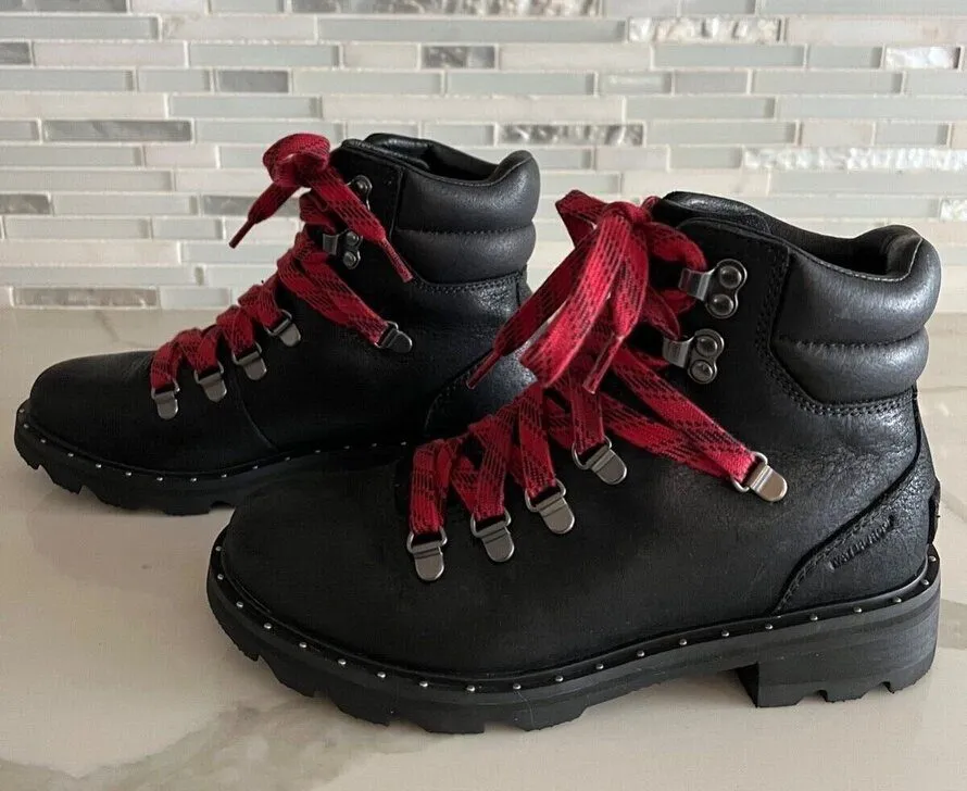 a pair of sorel boots with red laces