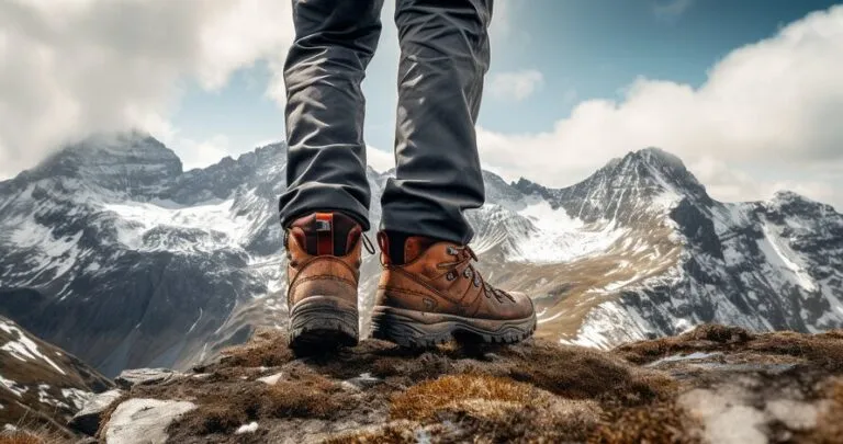closeup of a main standing on the top of a mountain who is using hiking boots for snow