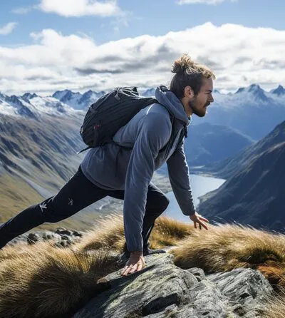 Knee Pain When Hiking Downhill? (What You Have to Do) person stretching on the top of a mountain