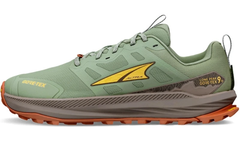 ALTRA Lone Peak 9+ trail running shoe. Sdie View of a single shoe