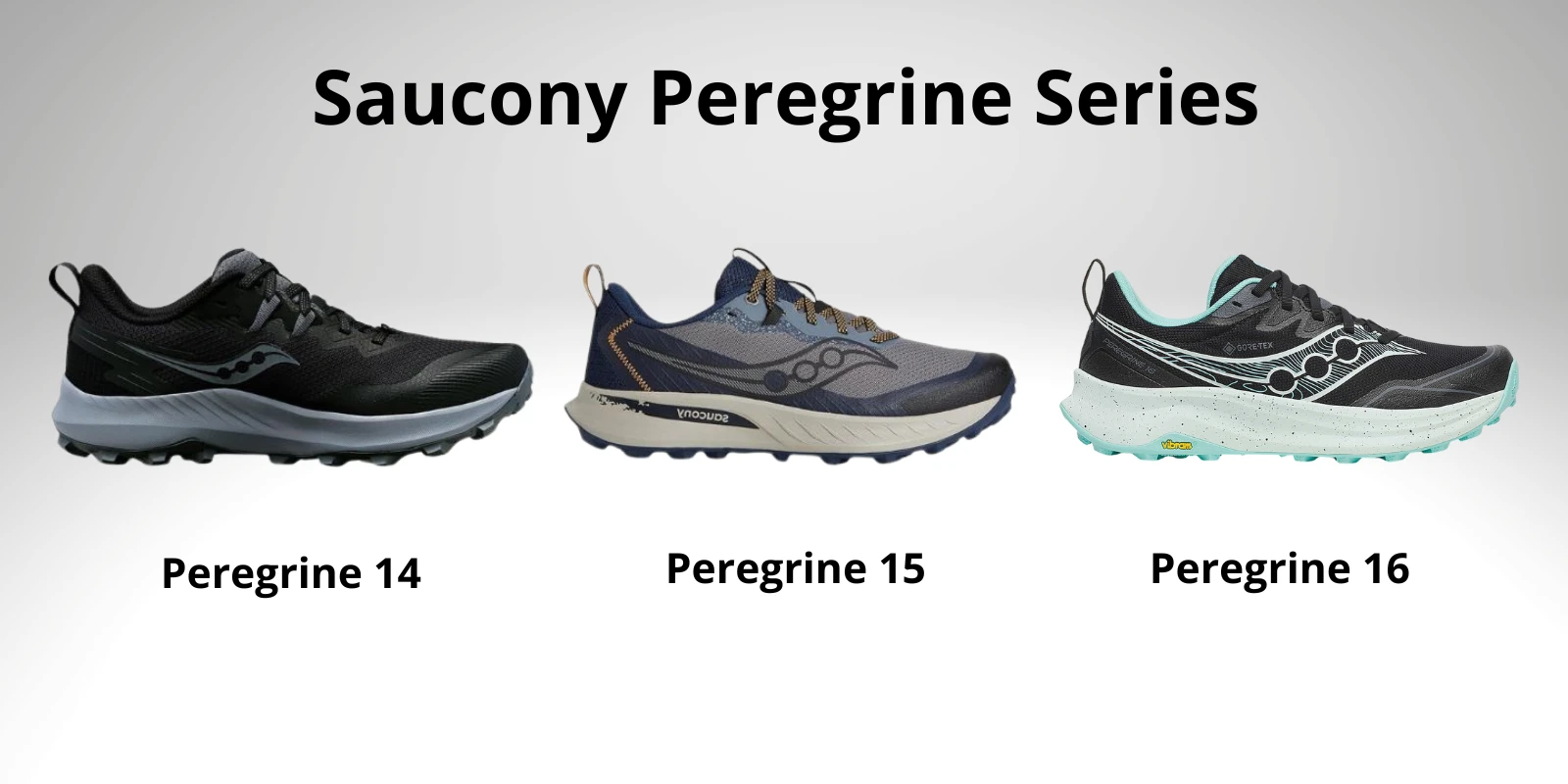 Saucony Peregrine Evolution with the model 14, 15, and 16 from left to right.